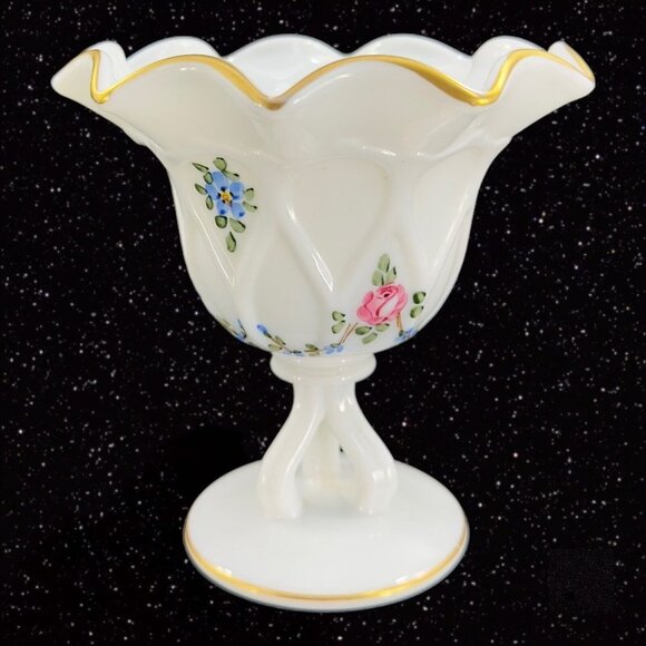 Westmoreland Compote Flower Hand Painted Compote Dish Gold Ruffled Top Glass VTG - Picture 4 of 10